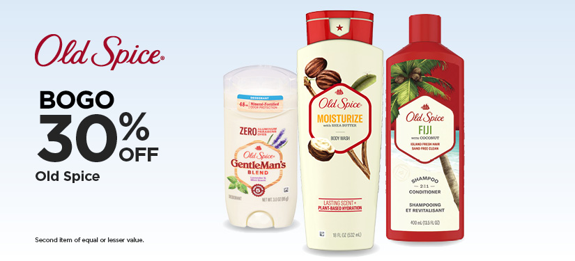 BOGO 30% Old Spice*Second item of equal or lesser value.